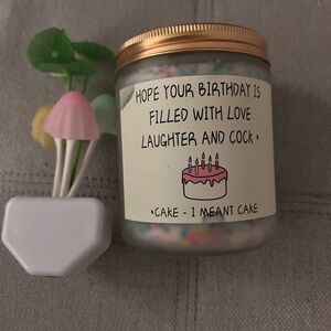 Birthday Cake Scented Candle with Gold Lid & a mushroom night light!